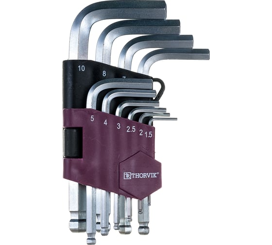 Изображение товара Набор торцевых шестигранных коротких ключей с шаром Thorvik HKSB10S H1.5-H10, 10 предметов 53064