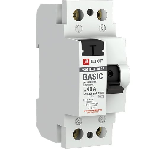 Изображение товара Устройство защитного отключения EKF УЗО ВДТ-40 2P 40А/300мА электронное Basic elcb-2-40-300e-sim