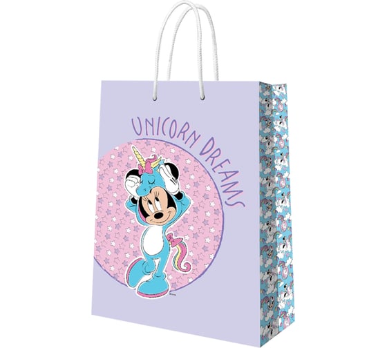 Изображение товара Пакет подарочный большой ND Play Minnie Mouse, Минни с единорогом, нежносиреневый с паттерном, 330x455x100 мм 298532