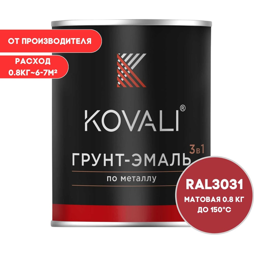Изображение товара Грунт-эмаль KOVALI 3 в 1 матовая восточная красная RAL 3031 0,8 кг для металла и дерева