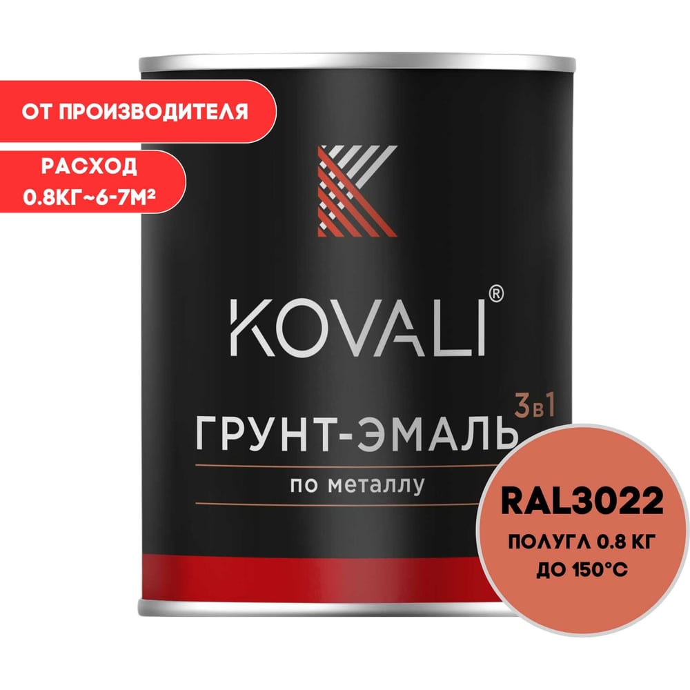 Изображение товара Грунт-эмаль 3 в 1 KOVALI полуглянец лососево-красная RAL 3022 (0,8кг)