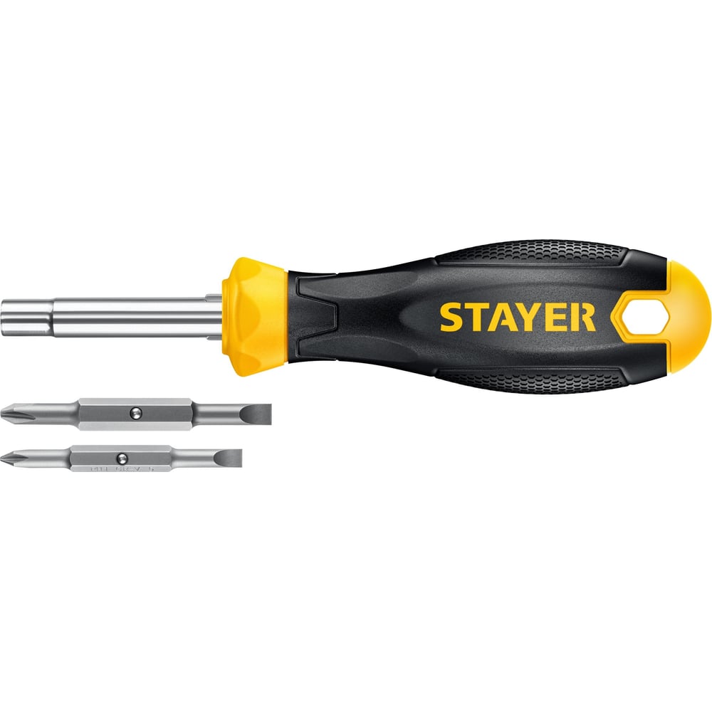 STAYER Hercules Комбинированная отвертка 6-in-1 2517 - универсальная комбинированная отвертка 6 в 1 для работы с самым популярным крепежом.Применяется для монтажа и демонтажа резьбовых соединений.Материал стержня - сталь Cr-VВысокая твердость и точность шлицаМагнитный наконечник помогает при работе в труднодоступных местахСпециально сконструированная двухкомпонентная рукоятка оптимальной формы обеспечивает надежный и комфортный захватПереставной стержень для удобства работыДля монтажа, демонтажа резьбовых соединений