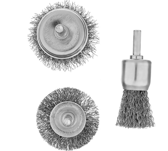 Изображение товара Набор щеток для дрели 1 плоская 50 мм, 2 чашки 25-50 мм, шпилька, нерж. вит. проволока Denzel 74491