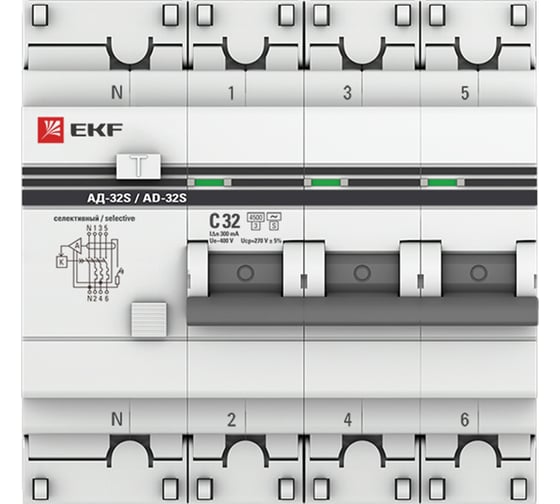 Изображение товара Дифференциальный автомат EKF АД-32 (селективный) 3P+N 32А/300мА PROxima DA32-32-300S-4P-pro