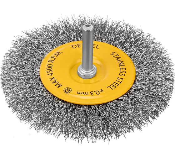 Изображение товара Щетка для дрели 100 мм, плоская, со шпилькой, нержавеющая витая проволока Denzel 744793