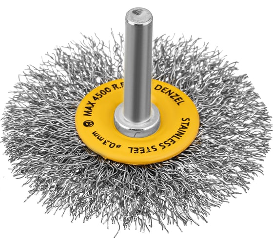 Изображение товара Щетка для дрели 60 мм, плоская, со шпилькой, нержавеющая витая проволока Denzel 744463