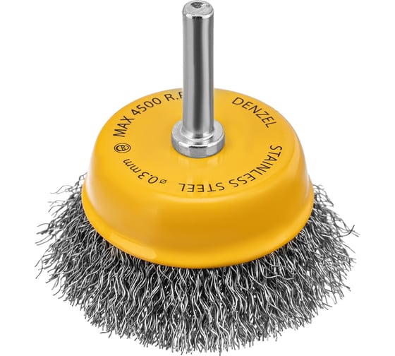 Изображение товара Щетка для дрели 65 мм, чашка, со шпилькой, нержавеющая витая проволока Denzel 744613