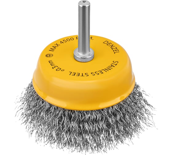 Изображение товара Щетка для дрели 75 мм, чашка, со шпилькой, нержавеющая витая проволока Denzel 744773