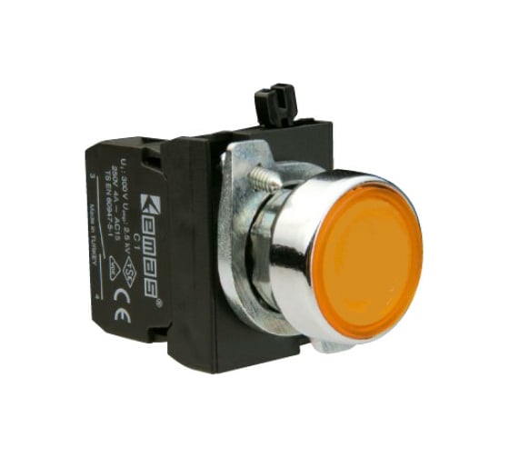 Изображение товара Нажимная круглая кнопка Emas желтая, металлическое основание, 250 В AC, 4 А, CM100DS