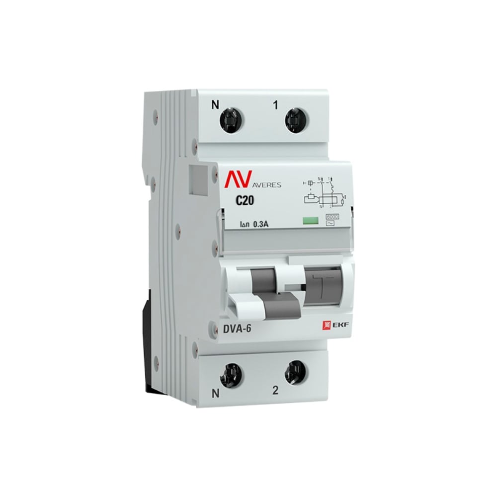 Дифференциальный автомат EKF AVERES DVA-6, 1P+N, 20А, 300мА, 6кА, SQ rcbo*6-1pn-20C-300-ac-av - 2