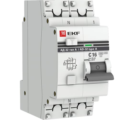 Изображение товара Дифференциальный автомат EKF АД-32, 1P+N, 16А/30мА, (тип А) PROxima DA32-16-30-a-pro