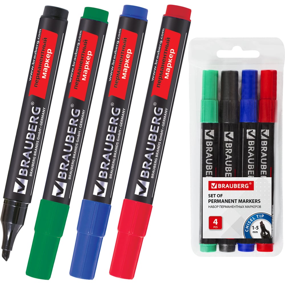 Изображение товара Перманентные нестираемые маркеры НАБОР 4 шт., АССОРТИ, "Contract", без клипа, скошенные BRAUBERG 150473