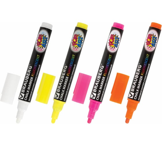 Изображение товара Меловые маркеры "POP-ART", НАБОР 4 шт., сухостираемые, для гладких поверхностей, 5 мм, BRAUBERG 151535