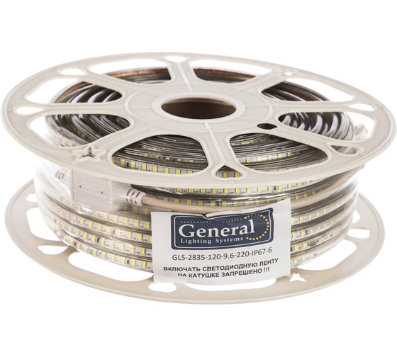 Изображение товара Лента светодиодная General Lighting Systems GLS-2835-120-9.6-220-IP67-6, 50 метров, 9,6Вт/м, 220В, SMD2835, 6мм, 120 диодов/м, 7 Лм/м, IP67, 6500К - холодный белый 504515
