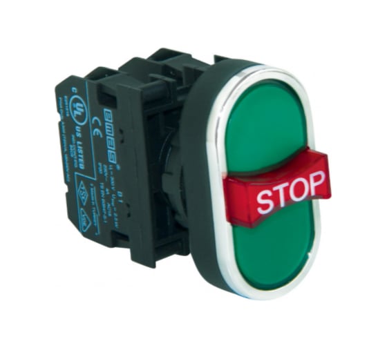 Изображение товара 3-я нажимная кнопка Emas с аварийной кнопкой STOP, зелёная, 250В, AC, 4А B121B30YY