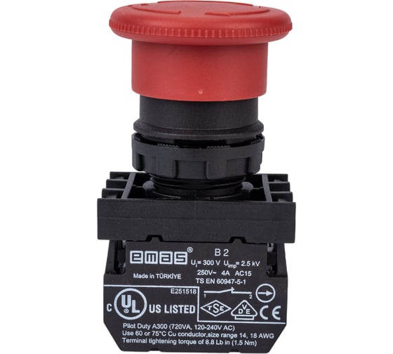 Изображение товара Аварийная кнопка Emas Грибок, возврат поворотом, 1НО+1НЗ, серия B, 250В AC, 4А B102E