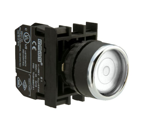 Изображение товара Нажимная кнопка Emas серия B, круглая, белая, с фиксацией, 1НО, 250 В AC, 4 А B100FB