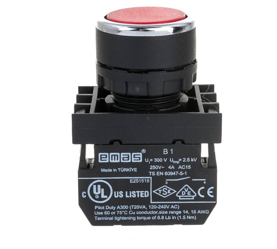 Изображение товара Нажимная кнопка Emas круглая красная, 1НО, серия B, 250В AC, 4А B100DK