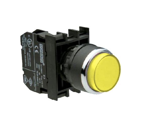 Изображение товара Нажимная кнопка Emas серия B, круглая, жёлтая, выступающая, 1НО, 250 В AC, 4 А B100HS