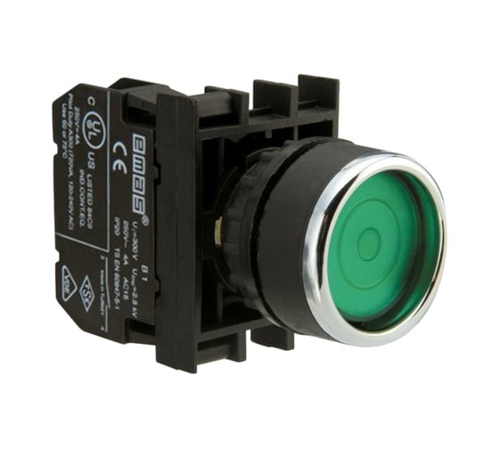 Изображение товара Нажимная кнопка Emas круглая зелёная, с фиксацией, 1НО+1НЗ, серия B, 250В AC, 4А B102FY