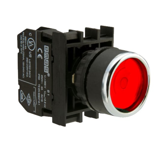 Изображение товара Нажимная кнопка Emas серия B, круглая, красная, с фиксацией, 1НО, 250В AC, 4А B100FK