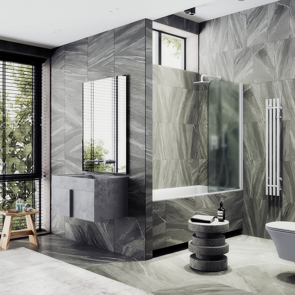 Изображение товара Шторка для ванной MaybahGlass поворотная 700 мм закаленное стекло белый профиль