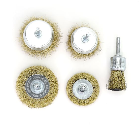 Изображение товара Универсальный набор 5-ти щеток на дрель, ворс гофр латунированная сталь 0.30 мм, до 4500 об/мин (код 13-084) EuroBrush EB-UDBS5