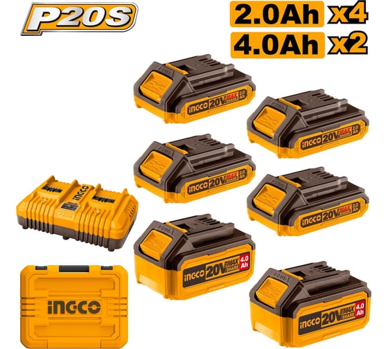 Изображение товара Комплект аккумуляторов INGCO SUPER INDUSTRIAL P20S 6 шт и ЗУ 4А COSLI230701