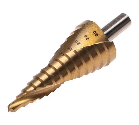 Изображение товара Сверло ступенчатое 6-8-10-12-14-16-18-20-22-24-26-28-30 мм, Р6М5, ТИТАН, трехгранный хвостовик KRANZ KR-12-6616