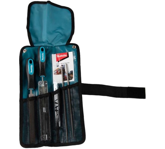 Изображение товара Набор для заточки цепи: напильник круглый 4.5 мм х 2 шт, плоский, шаблон, рукоятки, сумка Makita D-72160