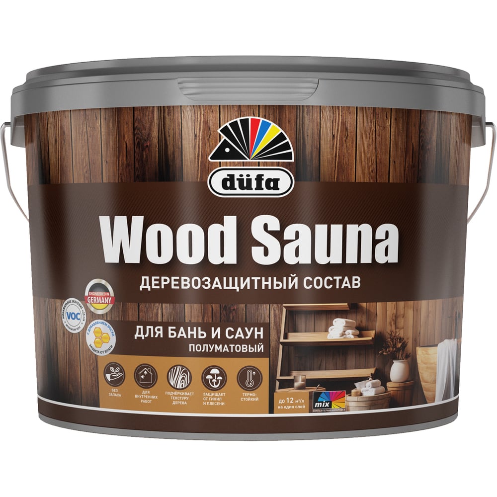 Изображение товара Защитная пропитка для древесины Woodsauna 9 л Dufa - влагостойкость и защита бань