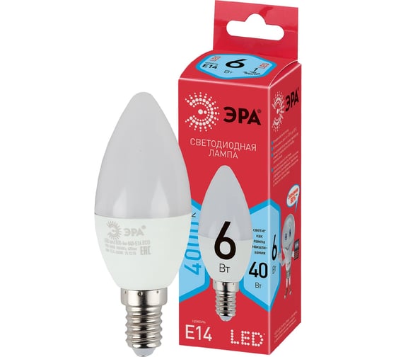 Изображение товара Набор светодиодных лампочек ЭРА RED LINE LED B356W840E14 R (EC) Е14 / E14 6Вт свеча, нейтральный белый свет, 10 штук Б0056224