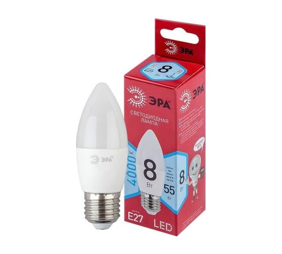 Изображение товара Набор светодиодных лампочек ЭРА RED LINE LED B358W840E27 R (EC) Е14 / E14 8Вт свеча, нейтральный белый свет, 10 штук Б0056230