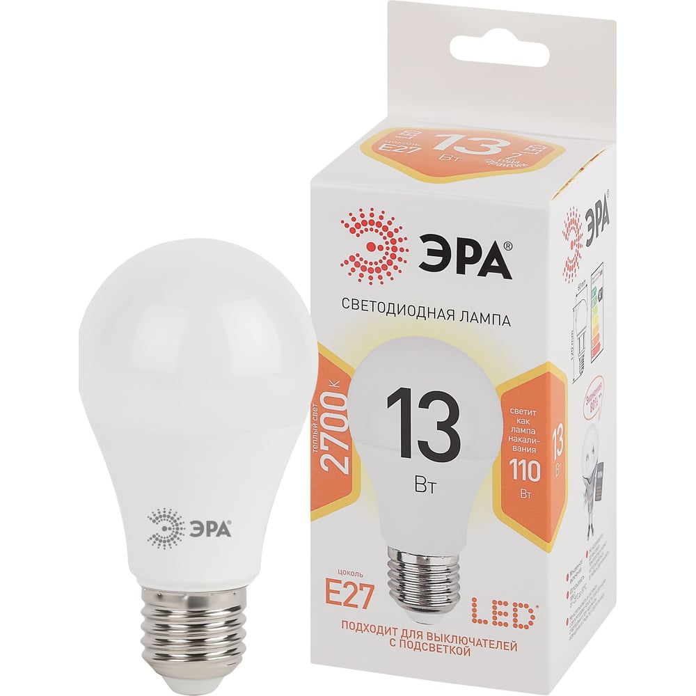 Изображение товара Набор светодиодных лампочек ЭРА STD LED A6013W827E27 (EC) Е27 / E27 13Вт груша, теплый белый свет, 10 штук Б0056279