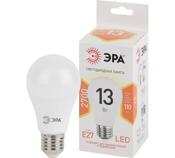 Изображение товара Набор светодиодных лампочек ЭРА STD LED A6013W827E27 (EC) Е27 / E27 13Вт груша, теплый белый свет, 10 штук Б0056279