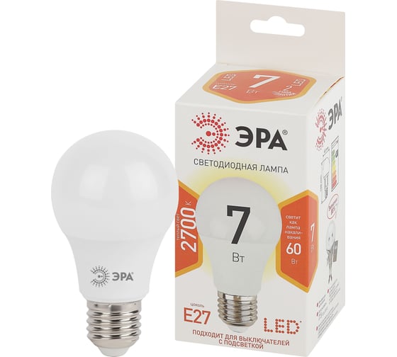 Изображение товара Набор светодиодных лампочек ЭРА STD LED A607W827E27 (EC) Е27 / E27 7Вт груша, теплый белый свет, 10 штук Б0056270