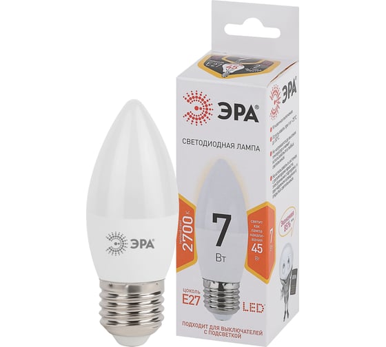 Изображение товара Набор светодиодных лампочек ЭРА STD LED B357W827E27 (EC) Е27 / E27 7Вт свеча, теплый белый свет, 10 штук Б0056306