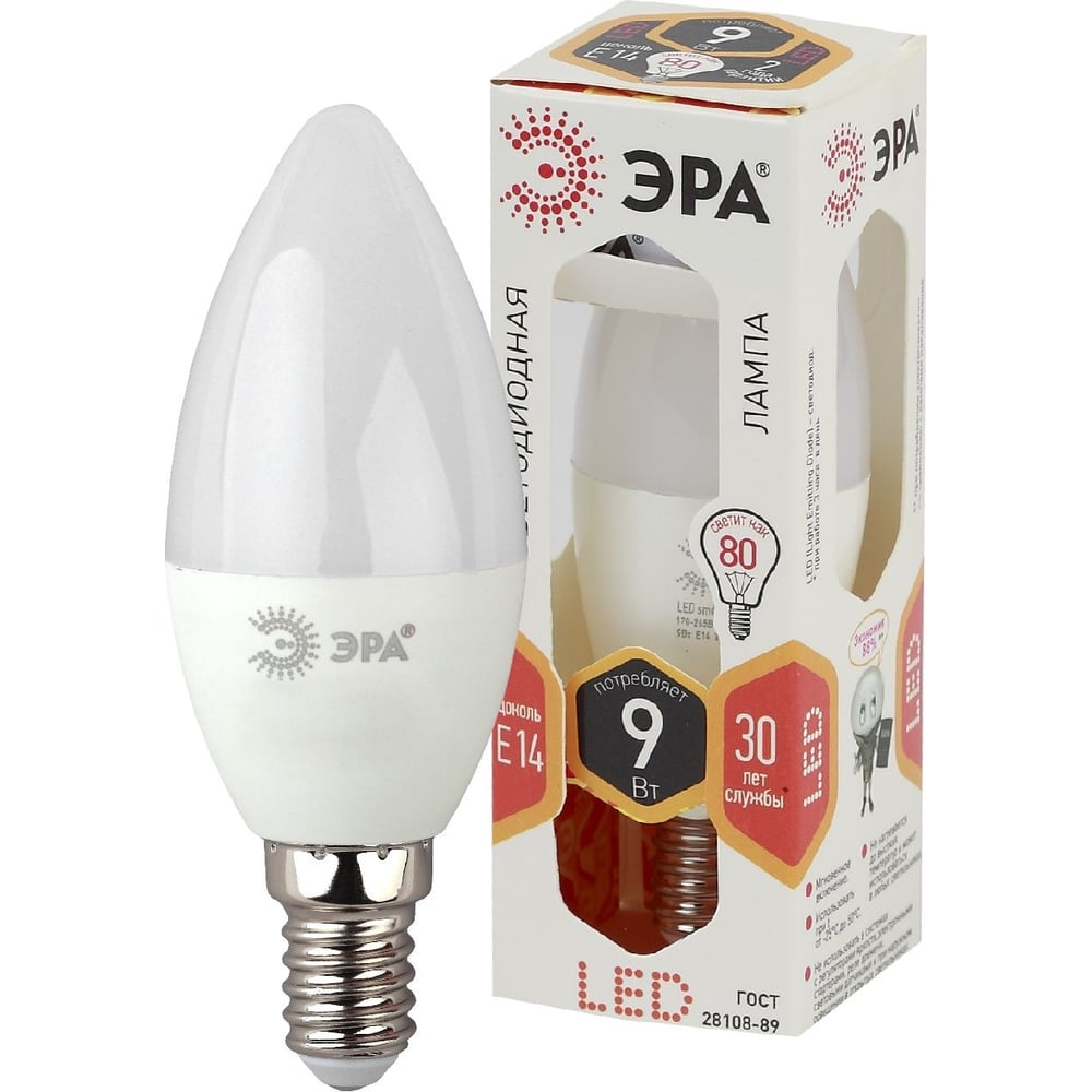 Изображение товара Набор светодиодных лампочек ЭРА STD LED B359W827E14 (EC) Е14 / E14 9Вт свеча, теплый белый свет, 10 штук Б0056309
