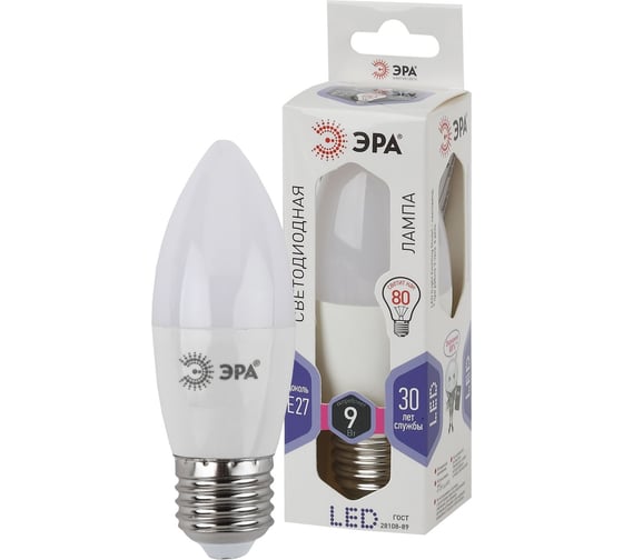 Изображение товара Набор светодиодных лампочек ЭРА STD LED B359W860E27 (EC) Е14 / E14 9Вт свеча, холодный дневной свет, 10 штук Б0056314