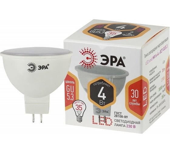 Изображение товара Набор светодиодных лампочек ЭРА STD LED MR164W827GU5.3 (EC) GU5.3 4Вт софит, теплый белый свет, 10 штук Б0056288
