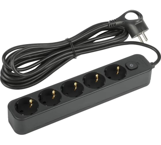 Изображение товара Сетевой фильтр Intro SFE550B с базовой защитой, с заземлением, с выключателем, 5 розеток, 5 м, 10 А черный Б0059559