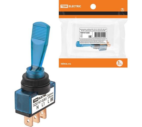 Изображение товара Выключатель-тумблер TDM ELECTRIC ASW-13D 1P 12В AC/DC 20А (3c) ON-OFF с фиксацией с синей LED подсветкой SQ0747-0283