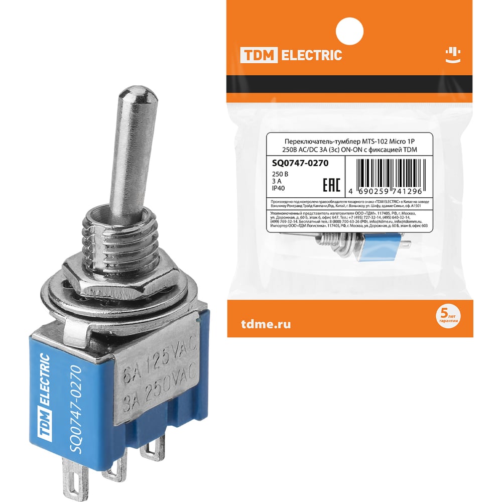Изображение товара Переключатель-тумблер TDM ELECTRIC MTS-102 Micro 1P 250В AC/DC 3А