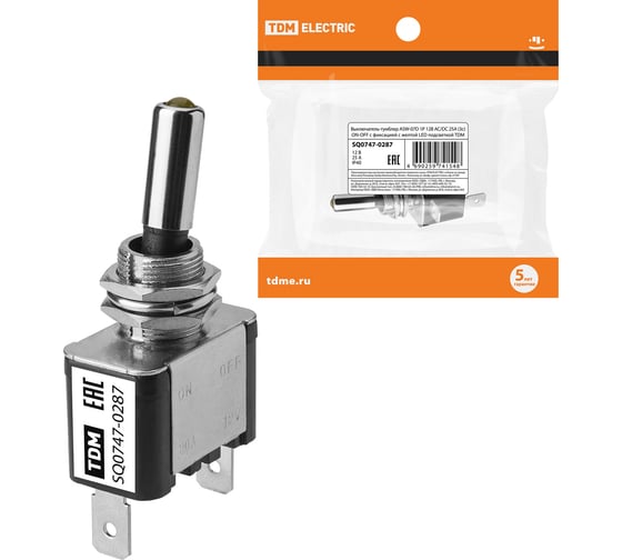 Изображение товара Выключатель-тумблер TDM ELECTRIC ASW-07D 1P 12В AC/DC 25А (3c) ON-OFF с фиксацией с желтой LED подсветкой SQ0747-0287