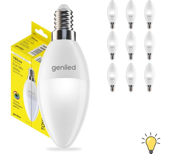 Изображение товара Светодиодная лампа geniled энергосберегающая, E14, C37, 9Вт, 3000K, 90Ra, свеча, 10 шт 01377_3000_10