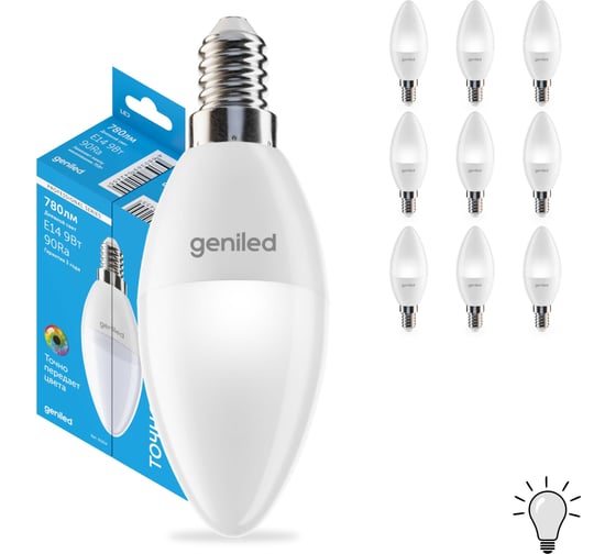 Изображение товара Светодиодная лампа geniled энергосберегающая, E14, C37, 9Вт, 4000K, 90Ra, свеча, 10 шт 01377_4000_10
