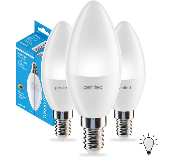 Изображение товара Светодиодная лампа geniled энергосберегающая, E14, C37, 9Вт, 4000K, 90Ra, свеча, 3 шт 01377_4000_3