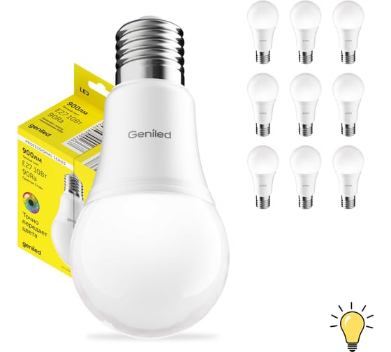 Изображение товара Светодиодная лампа geniled энергосберегающая, E27, A60, 10Вт, 3000K, 90Ra, груша, 10 шт 01370_3000_10