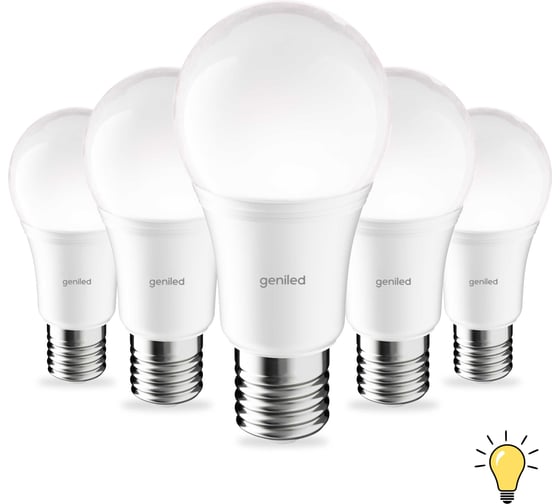 Изображение товара Светодиодная лампа geniled энергосберегающая, E27, A60, 10Вт, 3000K, 90Ra, груша, 5 шт 01370_3000_5