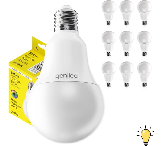 Изображение товара Светодиодная лампа geniled энергосберегающая, E27, A60, 12Вт, 3000K, 90Ra, груша, 10 шт 01371_3000_10